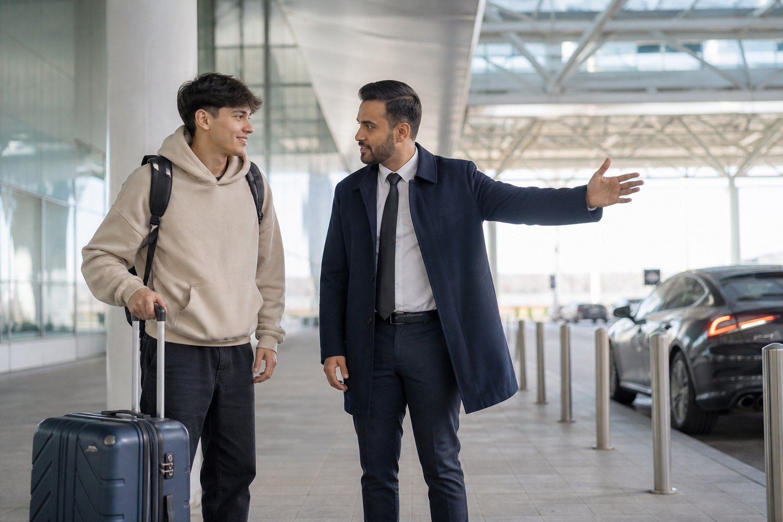 An international student being welcomed by a driver outside a UK airport