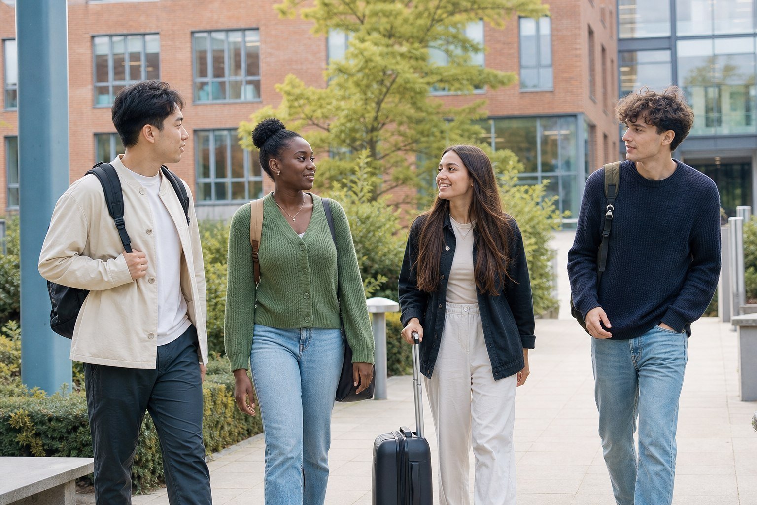 A group of international students arriving together at a UK university campus