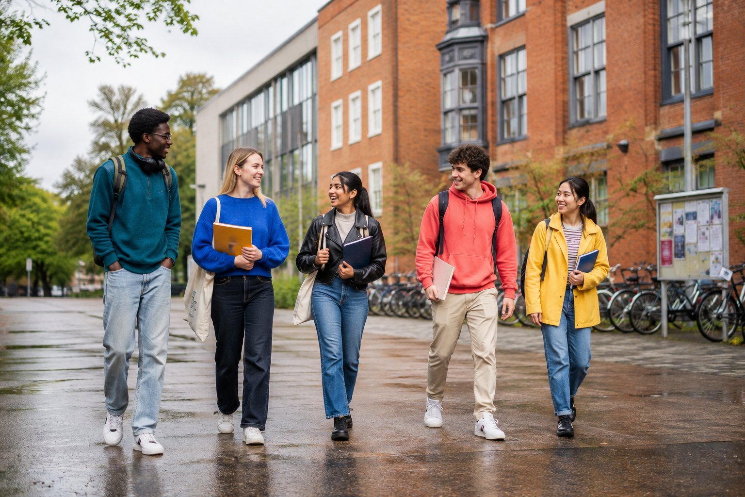A diverse group of university students walking and talking together on a UK campus