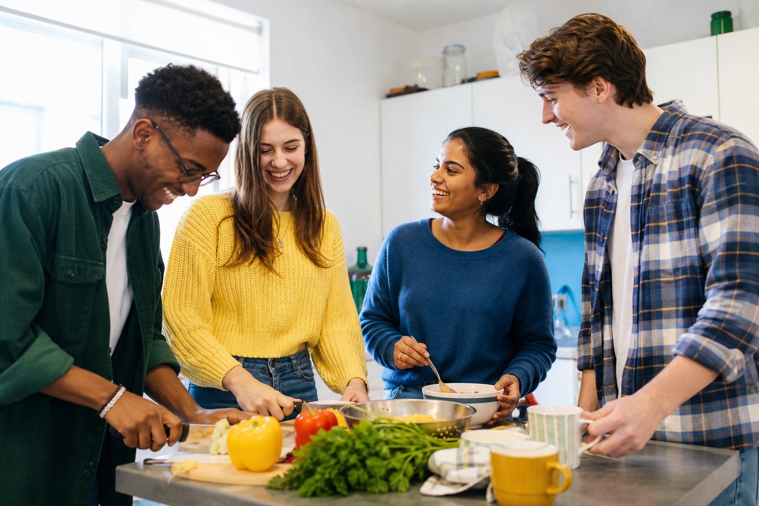 University flatmates cooking an affordable dinner together in a shared student kitchen