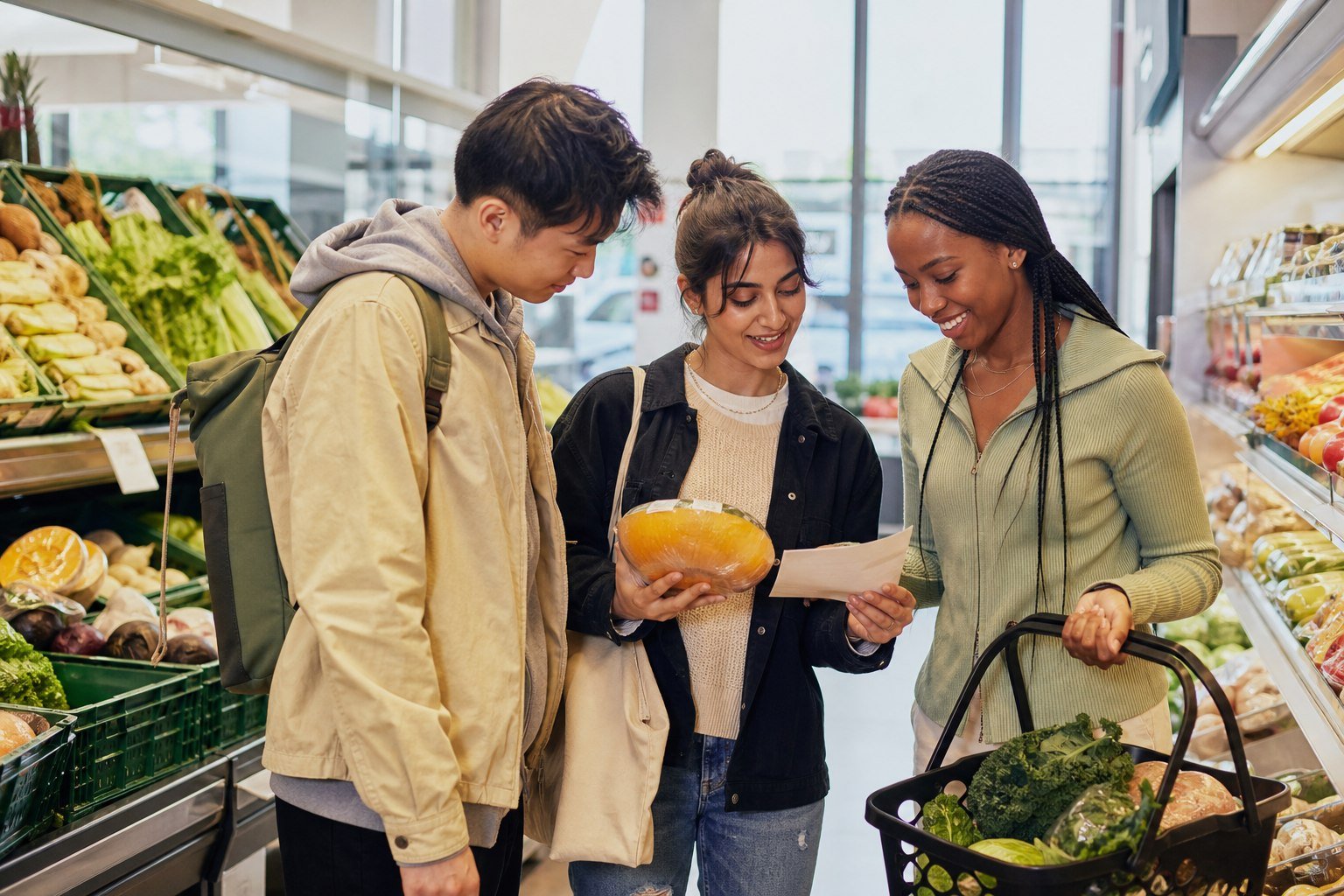 International students comparing their shopping in a UK supermarket
